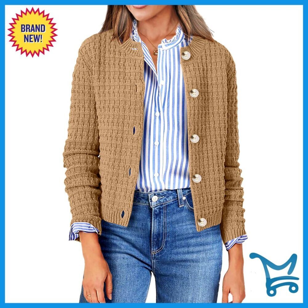 Chunky Knit Cardigan Open Front Cropped Crew Neck Button Down Sweater Chic